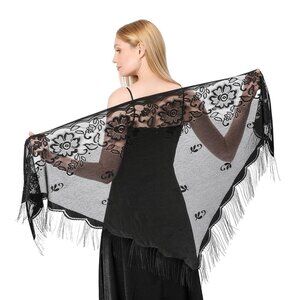 SPECIALTY HOUSE Small-Large Black Lace Fringe Triangle Shawl Elegant Witchy